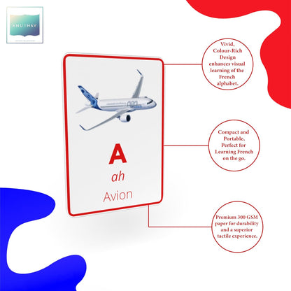 French Alphabet Flashcards – Learn with Illustrations, Pronunciations & Examples (Pack of 26)